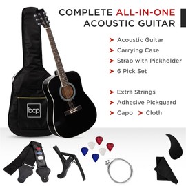 Best Choice Products 41in Full Size Beginner All Wood Acoustic Guitar Starter Set w/Case, Strap, Capo, Strings, Picks - Black