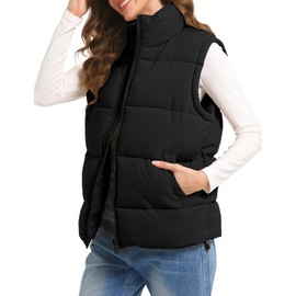 Polu Puffer Vest Women Zip Up Stand Collar Sleeveless Down Vests Oversized Padded Gilet Jacket(Black,L)