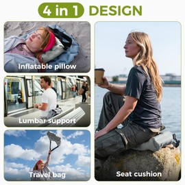 ATEPA 4-in-1 Travel Cushion, Ultralight Portable Inflatable Pillow Seat Cushion Neck & Back Support Travel Bag with Zippered Protection & Convertible Strap for Airplane Camping Backpacking, Grey