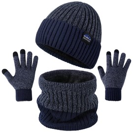 Hat Scarf and Gloves Set Mens - Winter Thermal Warm Knitted Beanie Hat Neck Warmer Touchscreen Gloves with Soft Fleece Lining Stretchy Outdoor Sports Men