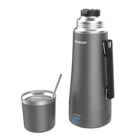 Peabody eTermo 120v Vacuum Insulated Thermos with Water Heater, 33,81 fl OZ, with Auto Shut-Off, Push Button Dispenser, BPA-Free, Stainless Steel (Dark Grey)