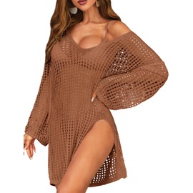 SOCIALA Women Crochet Swimsuit Cover Up Mesh Beach Coverup Long Sleeves Bathing Suit Cover Ups Crochet Dresses Brown S