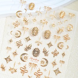 1 Sheets 5D Gold Star Nail Stickers for Nail Art Self Adhesive Embossed Moon Snake Nail Art Stickers Gold Star Moon Snake Design Nail Decals for Women Girl DIY Nail Decoration