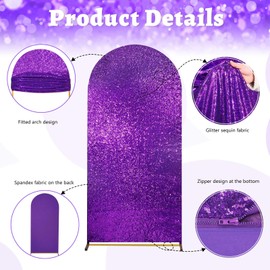 Purple Sequin Arch Covers 7.2FT Round Top Chiara Backdrop Covers Spandex Fitted Covers for Party Birthday Ceremony Decoration