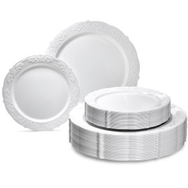 " OCCASIONS " 120 Plates Pack,(60 Guests) Vintage Wedding Party Disposable Plastic Plates Set -60x10.25'' Dinner+ 60x7.5'' Salad/Dessert Plate (Portofino in Plain White)