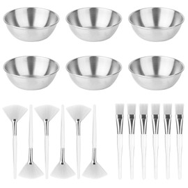 18pcs Esthetician Facial Supplies Set, Including 6 Gold Stainless Steel Bowls, 6 Fan Brushes & 6 Flat Brushes Face Mask Applicator Facial Mask Mixing Bowl Set Essential Tool for Women Spa (Silver)