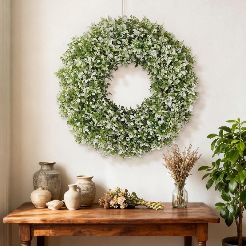 26" Large Artificial Boxwood Wreath for Front Door(White-Green)