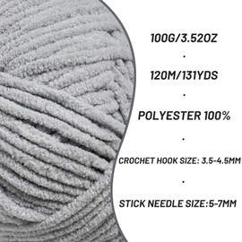 Plush Chenille Chunky Crochet Yarn - Baby Yarn for Crocheting Soft - Velvet Yarns Knitting for Blankets Crafts - Fluffy Amigurumi Yarns 100g / 131yd (Grayish)