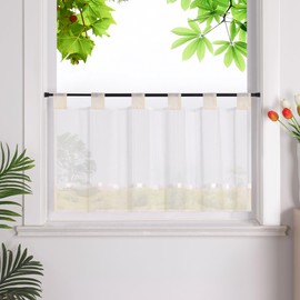 HeichkelL Net Curtain with Loops, Linen Look, Semi-Transparent Bistro Curtain, Country House Style, Short Curtains, Beige, H x W 60 x 90 cm