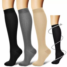 Warm4market 3 Medias De Compression Para Mujer Calcetines Para La Circulacion 20-30 Mmhg - Beige 3 Pairs, S/M (Men 5-9, Women 5-10), 15-20 mmhg Compression Socks