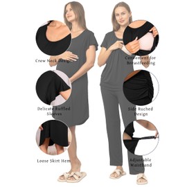 SUNNYBUY Women 3 PCS Maternity Nursing Nightgown Dress & Short Sleeve Breastfeeding Top & Pregnancy Pants Sleepwear Set, Black 2XL