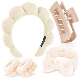 Zkptops 5Pcs Spa Headband for Washing Face Wristband Set Sponge Makeup Skincare Terry Cloth Bubble Soft Hairband Claw Clips for Thick Hair Puffy Padded Headwear Non Slip Hair Accessory (Beige)