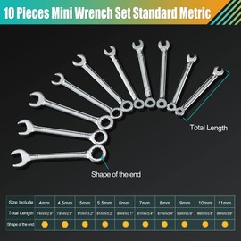 GOLD DEER 10 Pcs Mini Wrench Set Standard Metric 4-11mm Extra Slim Spanner with Mirror Finishing Small Wrench Set Combination Wrench Set Open End and Box End Ignition Wrenches with Storage Roll Pouch