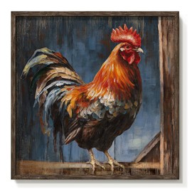 Rooster Framed Wall Art Decor: Farmhouse Animal Picture Country Cock Wooden Artwork Farm Chicken Painting is the Perfect Combination of Energy Nature for the Kitchen Country House Bathroom 20"x20"
