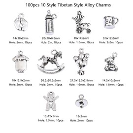Ornazy 100 pcs 10 Styles Tibetan Baby Theme Charms Antique Silver Rocking Horse Feeding Bottle Footprint Bear Charms for DIY Jewellery Making Bracelets