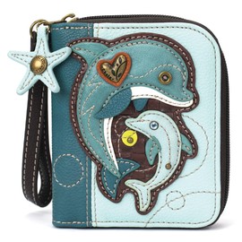 CHALA Zip Around Wallet, Wristlet, 8 Credit Card Slots, Sturdy Pu Leather - Dolphin - Blue