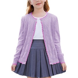 GRACE KARIN Kids Cozy Cardigan Sweater Crew Neck Button-up Long Sleeve Contrast Colour Knitwear Purple 8-10 Years