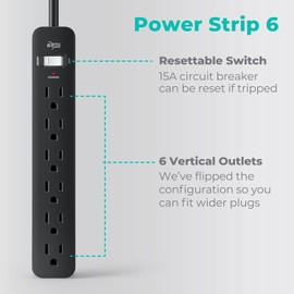 KMC 6-Outlet Power Strip, 2-Pack, Black Power Strips, 2ft Short Extension Cord with Multiple Outlets, 6 AC Power Outlet Strip, Flat Plug Powerstrip, 2pk, Black