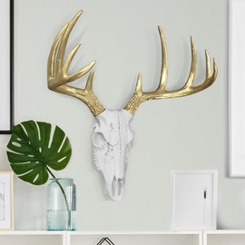 Wall Charmers Large White + Gold Antler Faux Deer Skull Decor - 21 inch Faux Taxidermy Animal Head Wall Decor - Handmade Farmhouse Decor
