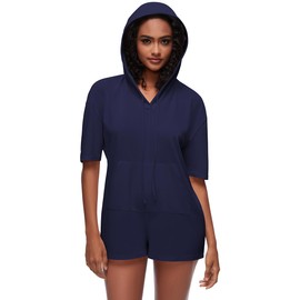Cakulo Womens Summer Shorts Tshirt Romper Short Sleeve Jumpsuit 2024 Vacation Casual Outfits Hoodie Pockets Navy Blue XL