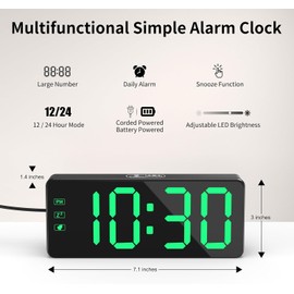 KWANWA Digital Alarm Clock with Large LED Display, Brightness Adjustable, 12/24h Format, Easy Operation, Mains Operated Including Adapter, Perfect Bedside Clock for Home, Office, Travel (Green Display