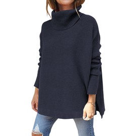 ANRABESS Women's Oversized Turtleneck Batwing Sleeve Spilt Casual Loose Knit Tunic Pullover Sweater Tops 2025 Fall Outfits Navy Blue Small