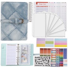 Imitation denim style Budget Binder A6 Planner Money Saver with Zipper Cash Envelopes Sheet and Stickers for Budgeting -008-LT-BL