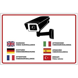 Sign "Achtung Videoüberwachung" in Multiple Languages Aluminium / Dibond 300 x 200 mm - 3 mm Thick