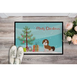 Caroline's Treasures CK3459MAT Imperial Shih Tzu Christmas Tree Doormat 18x27 Front Door Mat Indoor Outdoor Rugs for Entryway, Non Slip Washable Low Pile, 18H X 27W