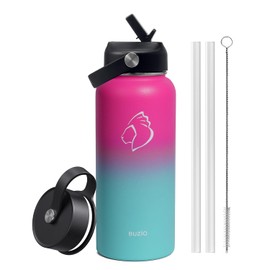 BUZIO 32oz Botella de Agua Aislada con Tapa de Pajita y Tapa Flexible, Boca Ancha de Acero Inoxidable Aislada al Vacío y Doble Pared, Fría durante 48 Hrs Caliente durante 24 Hrs
