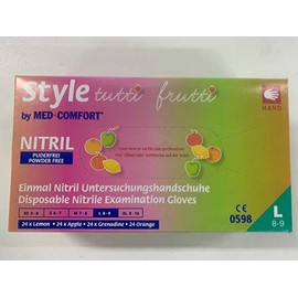 Tuttifrutti Nitrile Disposable Gloves, 96 Gloves in a Dispenser Box, Colour Mix, Pink, Orange, Yellow and Green, Size L