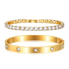 VNOX 18K Gold Tennis Bracelets for Women 2PCS Stainless Steel Cubic Zirconia Crystal Bangles Diamond Bracelets for Women Birthday Wedding Jewelry Valentine's Day Gifts for Women Girlfriend Wife