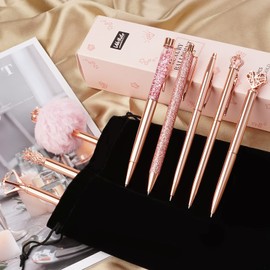 WEMATE 8Pcs Rose Gold Ballpoint Pens Set Ballpoint Pen Bling for Women,Girly Pens,Black & Blue Ink Ball Point Pen Gifts for Wedding Bridesmaid Office