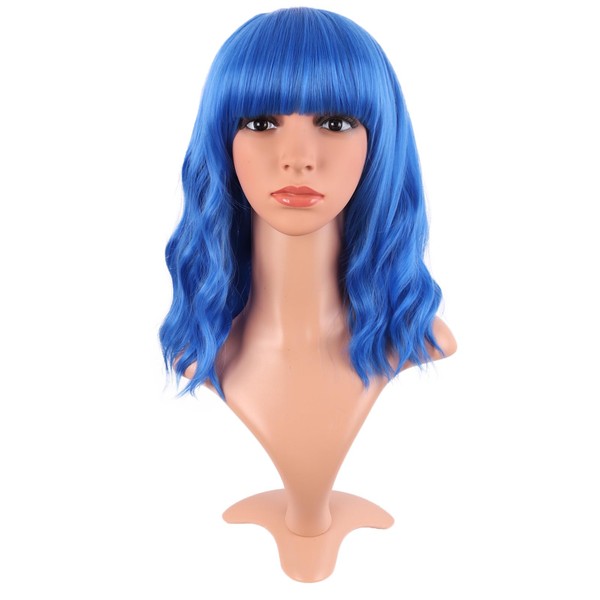 MapofBeauty 14 Inches/35 cm Short Wavy Curly Women Fresh Bright Synthetic Ordinary Flat Bangs Bob Wig (Blue)