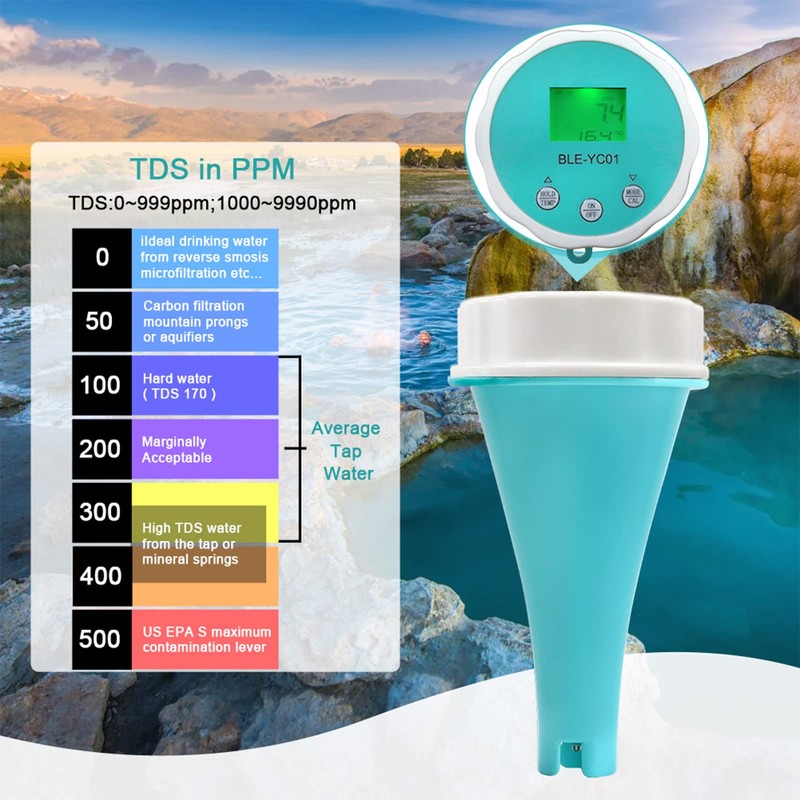 Digital Water Tester, Water Tester, 6-in-1 PH-EC-TDS-ORP-Temp Residual Chlorine Water
