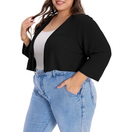 Women Plus Size Shrug Cropped Knit Cardigan Half Sleeve Open Front Bolero Tops(Black,2XL)