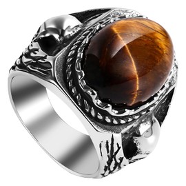 Oidea Tiger Eye Rings for Men: Vintage Large Oval Stone Rings Stainless Steel Cocktail Party Biker Signet Ring Jewelry Gifts for Mens and Womens Size 7