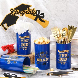 Domensi 6 Pcs 2025 Graduation Table Centerpiece Decorations Class of 2025 Galvanized Metal Tin Vases for Artificial Flowers Grad Caps Cutlery Utensil Holder for Home Party Supplies Gifts(Blue)