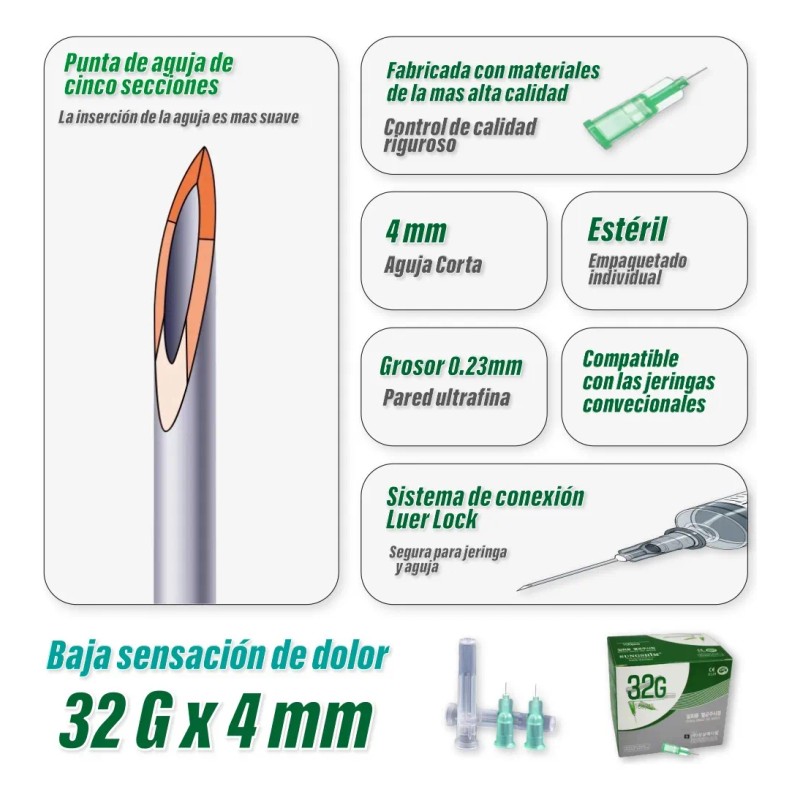 Aguja Mesoterapia 32g 1/6 (4mm) Caja 100 Pzas