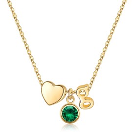 Ursilver Initial Birthstone Necklace for Women, 14K Gold Plated Heart Initial G Necklace, May Emerald Jewelry, Birthstone Necklaces