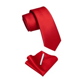 YourTies Red Solid Skinny Tie and Pocket Square Tie Clip Sets for Men Satin Slim Neckties with Gift Box