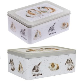 Wrendale Designs by Hannah Dale - Guinea Pig & Rabbit Grey Storage Tin - ​​160mm x 220mm x 85mm