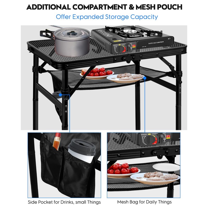 MSDADA Folding Grill Table, Height Adjustable Aluminum Table with Mesh