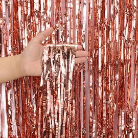 2pcs 3.28ft x 6.56ft Metallic Tinsel Curtains Curtain Door Curtains Hanging Streamers Glitter Aluminum Foil Birthday Party Backdrop Streamers Decorations (Rose Gold)