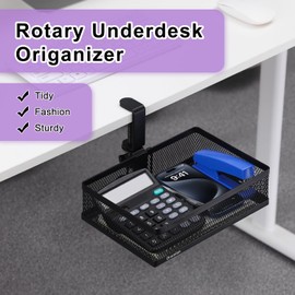 Desk Organizer with Cup Holder, 360° Rotation, Hidden Drawer Under Desk, Stick-On Large Capacity Under Desk for Home and Office (Black Style 2)