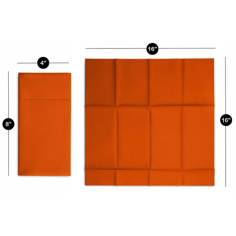 50-Pack Disposable Linen-Feel Dinner Napkins with Built-in Flatware Pocket, ORANGE