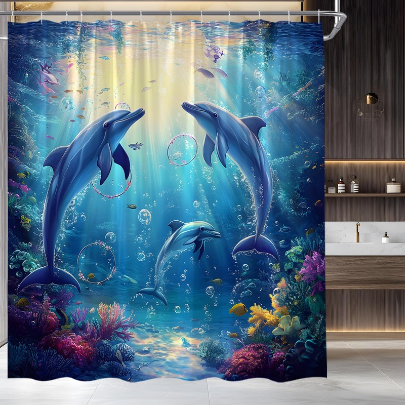 UEAUUN Funny Dolphin Shower Curtain Underwater World Tropical, 70x70 Inch