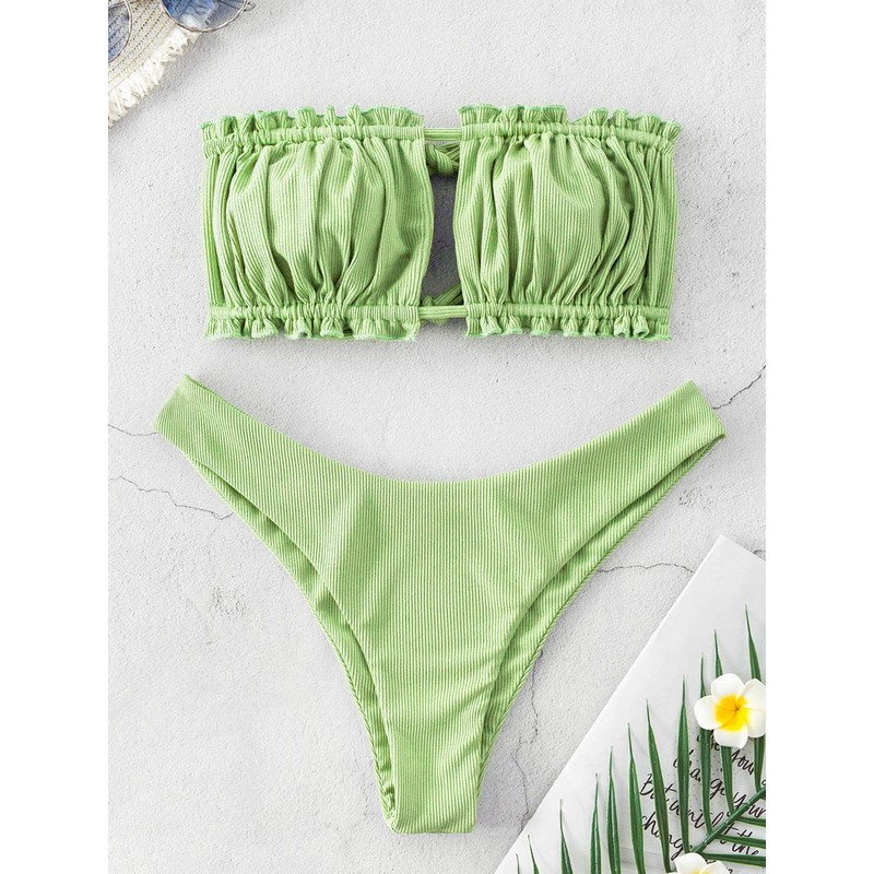 ZAFUL Off Shoulder Bandeau Bikini Set High Cut Drawstring Ruffle