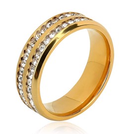 LEEYA NL10 Mens Womens 8MM Titanium Stainless Steel High Polished 18K Gold Plated Channel Set Cubic Zirconia CZ Promise Engagement Band Unisex Gold Wedding Ring Comfort Fit, Size 6-13 (6, Gold)