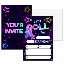 seclate Birthday Invitations Girl, 25 Glow Roller Skate Invitation Cards with Envelopes, Neon Invites for Party Decorations Supplies-H17